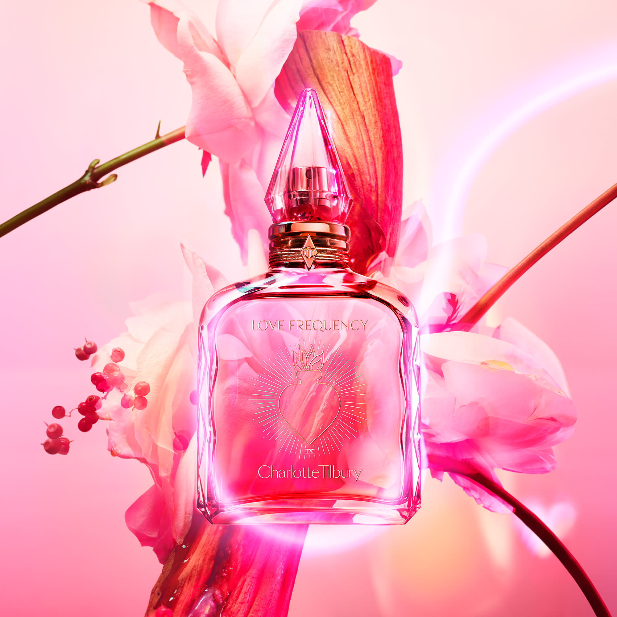 Love Frequency art Love Frequency fragrance bottle artwork with pink flowers