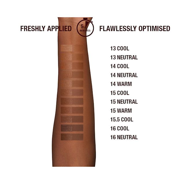 Airbrush Flawless Finish dark shades arm swatches Deep-tone arm with swatches of eleven pressed powders in shades of brown for medium-dark to deep skin tones.