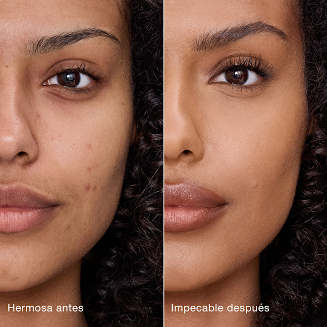 Antes y después de usar Airbrush Flawless Concealer en el tono 9.5 Tan Comparación paralela que muestra la piel antes y después de aplicar el corrector Charlotte Tilbury Airbrush Flawless Concealer con las etiquetas de texto "Preciosa antes", "Impecable después".