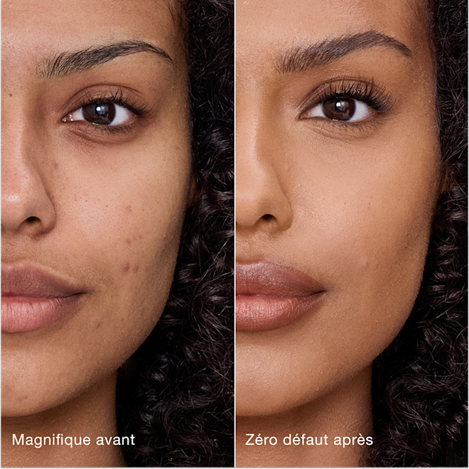 Avant/après Airbrush Flawless Concealer - 9.5 Tan (Medium à Foncé) Comparaison côte à côte de la peau avant et après l'application de l'Airbrush Flawless Concealer de Charlotte Tilbury, avec les étiquettes de texte « Magnifique avant » et « Zéro défaut après ».