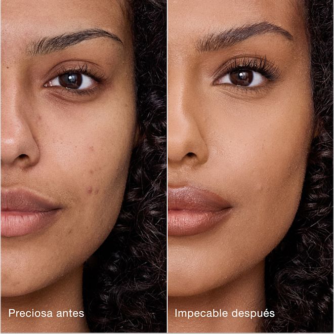 Antes y después de usar Airbrush Flawless Concealer en el tono 9.5 Tan Comparación paralela que muestra la piel antes y después de aplicar el corrector Charlotte Tilbury Airbrush Flawless Concealer con las etiquetas de texto «Preciosa antes» y «Perfecta después».