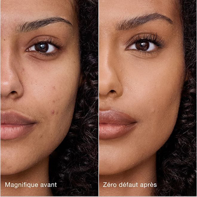 Avant/après Airbrush Flawless Concealer - 9.5 Tan (Médium à Foncé) Comparaison côte à côte montrant la peau avant et après l'application de l'Airbrush Flawless Concealer de Charlotte Tilbury, avec les étiquettes de texte « Magnifique avant » et « Zéro défaut après ».