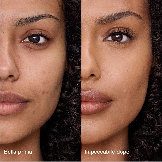 Airbrush Flawless Concealer - 9.5 Tan modella prima e dopo Confronto affiancato che mostra la pelle prima e dopo aver applicato il correttore Airbrush Flawless di Charlotte Tilbury, con le etichette di testo "Bella prima" e "Impeccabile dopo".