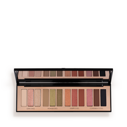 Instant Eye Palette in Smokey Eyes are Forever open An open, 12-pan eyeshadow palette with matte and shimmery shades in beige, pink, gold, green, brown, peach, and black.