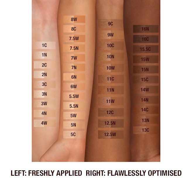 Airbrush Flawless Foundation arm swatches Fair, tan, medium-dark, and deep-tone arms with swatches of forty-four liquid foundations ranging from ivory, peach, and beige to sand, light brown, medium brown, and dark brown for fair, light, medium-light, medium, medium-dark, and deep tones.