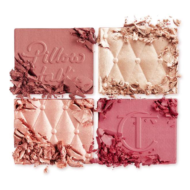 Swatches of a face palette with eyeshadow, highlighters, and blush in shades of muted pink, candlelight gold, rose gold, and bright pink.