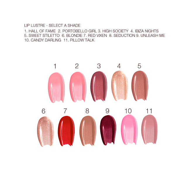 Lip Lustre swatches Swatches of eleven creamy lip glosses in shades of red, pink, brown, peach, and gold.