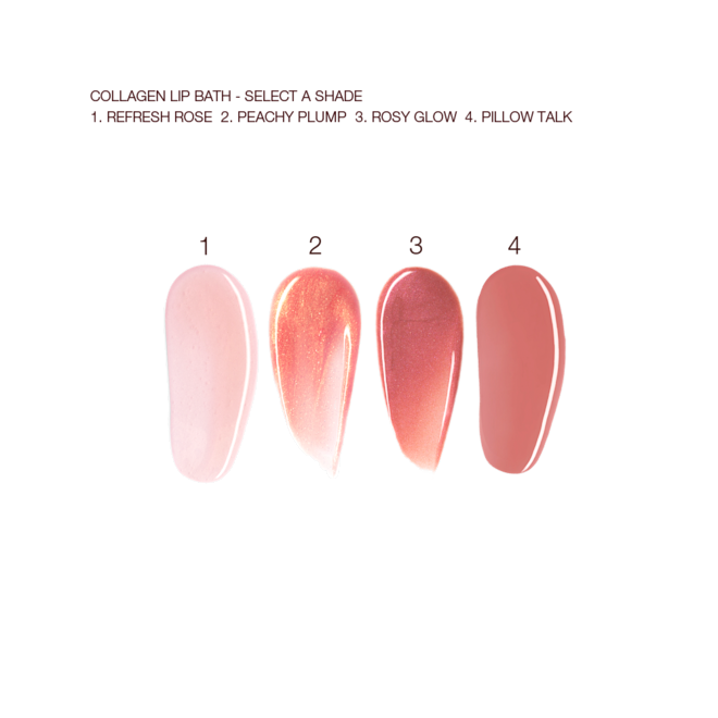 Collagen Lip Bath swatches Swatches of four creamy lip glosses with high shine in sheer pink, rose gold, berry pink, and nude pink.