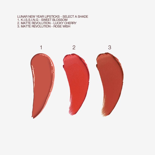 Lunar New Year Lipstick swatches Swatches of three lipsticks in a peach-terracotta, cherry red, and brownish rose.