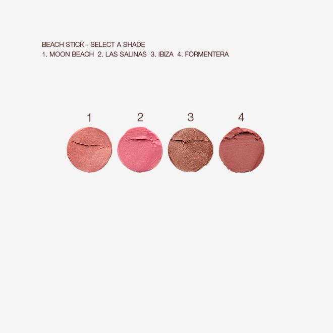 Beach Stick Blusher swatches Swatches of four blush sticks in brownish red, fuchsia, chocolate brown, and terracotta.