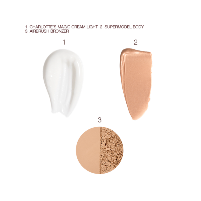 Magic Cream Light, Supermodel Body, and Airbrush Bronzer swatches Swatches of thick, pearly-white face cream, body liquid highlighter in a glowy sand-coloured shade, and powder bronzer in a beige colour.
