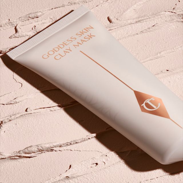 Goddess Skin Clay Mask still life Goddess Skin Clay Mask with sensorial texture swatch backdrop