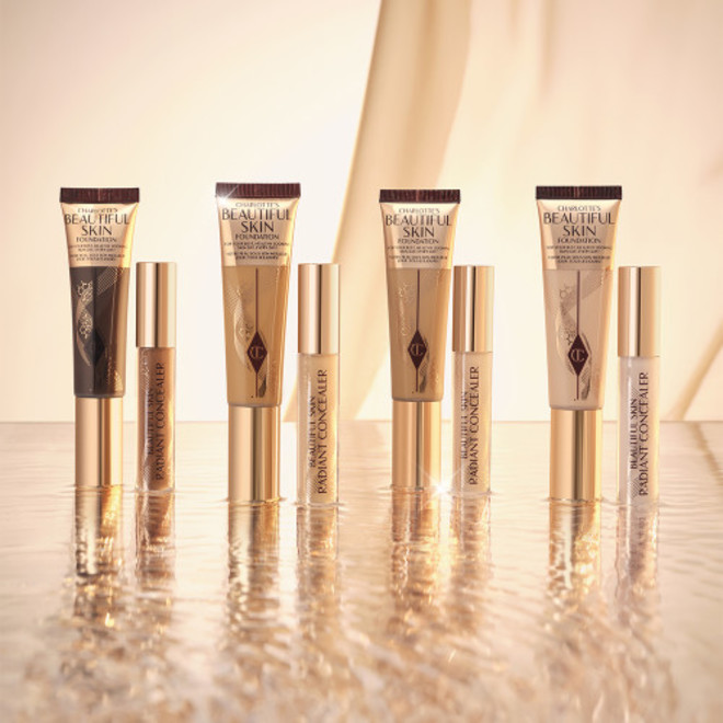 Banner with a collection of foundation tubes with the packaging the colour of the product inside.