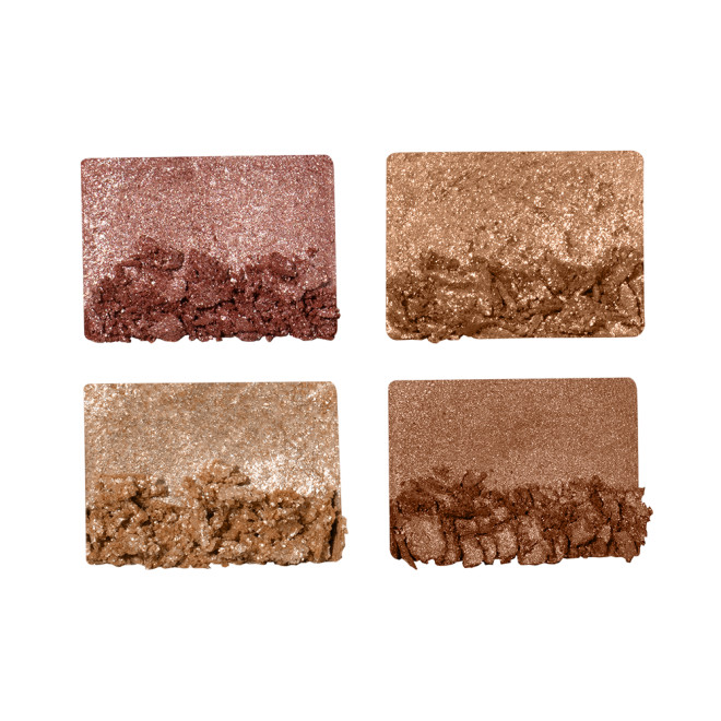 Swatches of four, soft earthy-tone shimmery eyeshadows in shades of pink, brown, and gold.