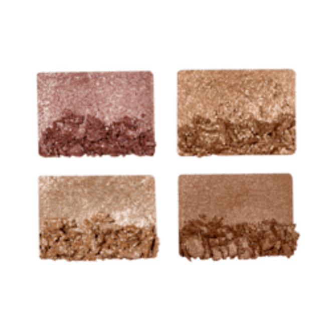 Luxury Palette of Pearls in Celestial Pearl arm swatches Swatches of four, soft earthy-tone shimmery eyeshadows in shades of pink, brown, and gold.