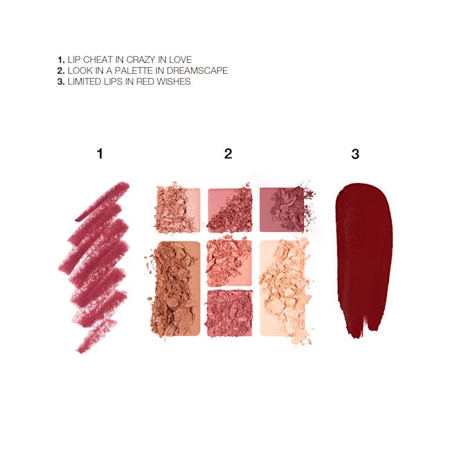 Mesmerising 5-minute Makeup Kit swatches Swatches of a lip liner pencil in a berry-pink shade, face palette with nude brown and pink eyeshadows, two pink blushes, and a bronzer and highlighter, and matte lipstick in a maroon shade.