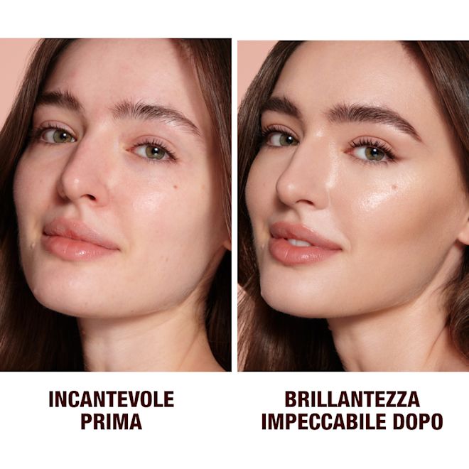 IT HFF2-B&A (1) Close-up of a before and after of a light-tone model wearing smokey brown eye makeup with a glow-boosting primer that blurs her pores and makes skin look flawless.