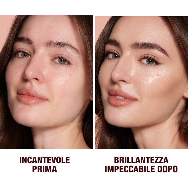 Close-up of a before and after of a light-tone model wearing smokey brown eye makeup with a  glow-boosting primer that blurs her pores and makes skin look flawless. 