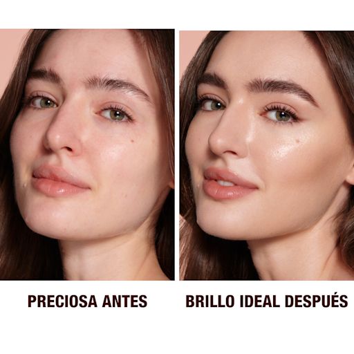 ES HFF2-B&A Close-up of a before and after of a light-tone model wearing smokey brown eye makeup with a glow-boosting primer that blurs her pores and makes skin look flawless.