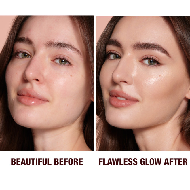 Close-up of a before and after of a light-tone model wearing smokey brown eye makeup with a  glow-boosting primer that blurs her pores and makes skin look flawless. 