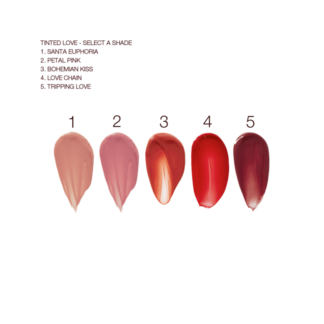 Tinted Love Lip & Cheek Tint collection swatches Swatches of five lip and cheek tints in nude brown-pink, dusky pink, orange-brown, poppy-red, and vampy dark crimson colours.