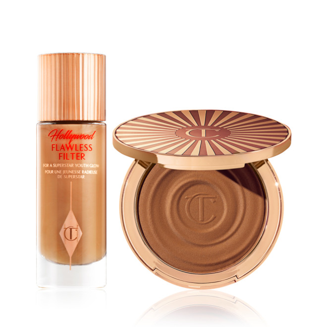Glowy primer in a frosted glass bottle with a gold-coloured lid and cream bronzer compact.