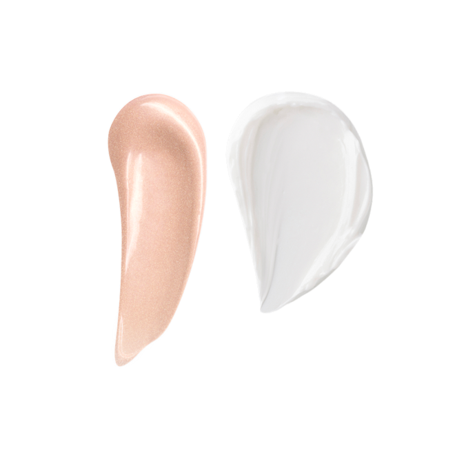 Skin Transformation Duo swatches Swatches of a glowy, rose-gold coloured primer and a pearly-white face cream.