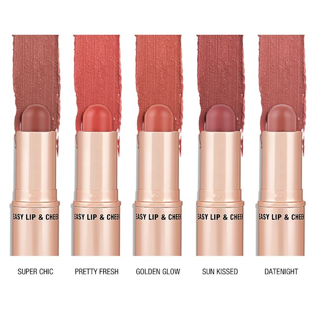 Quick & Easy Instant 5 Minute Kit collection lip and cheek sticks open Five, open, lip and cheek colour sticks in glowy brown-pink, nude-pink, coral, nude-rose, and soft pink shades.