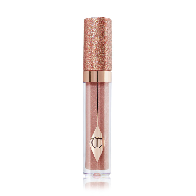 A shimmery lip gloss in a rosy opal shade with fine glitter with a glittery lid. 