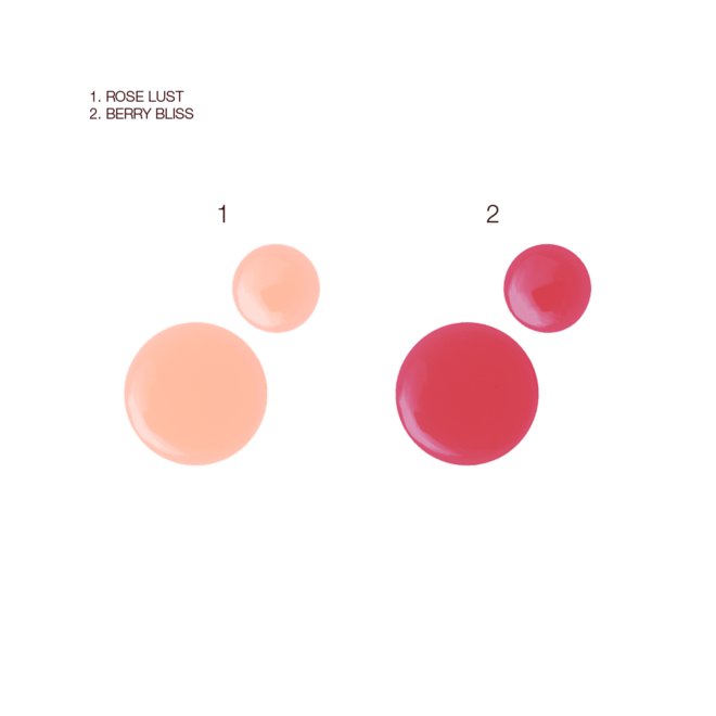 Tinted Lip Oil in Rose Lust and Berry Bliss swatches Swatches of two, high-shine sheer lip oil in pale pink and berry-rose shades.
