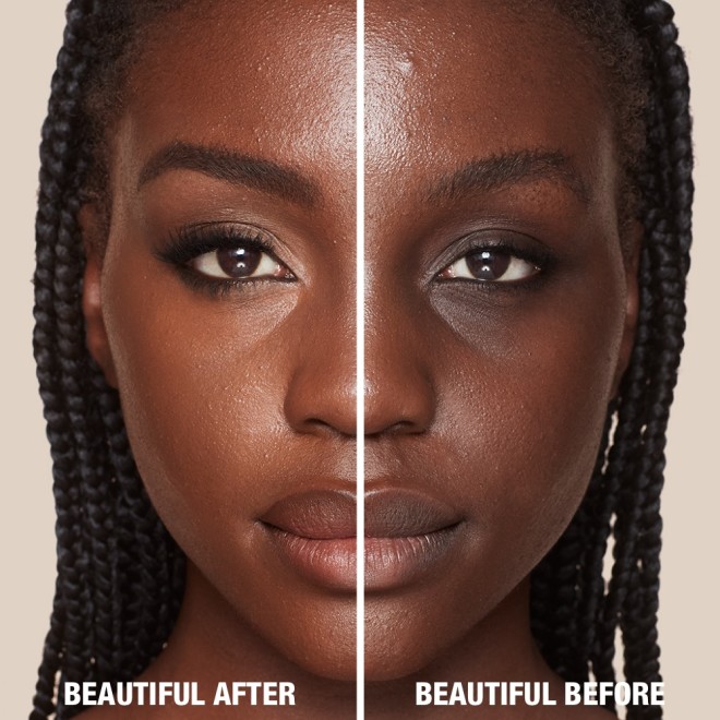Side by side of a deep-tone model with mature skin without any concealer on one side and wearing a radiant, skin-like concealer on the other side that covers her freckles, wrinkles, and dark circles.