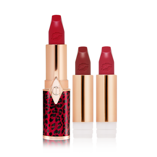 Hot Lips 2 Berry Red Lip kit open A true red matte lipstick in a golden and red tube with a leopard print with two lipstick refills in berry-rose and brownish plum.