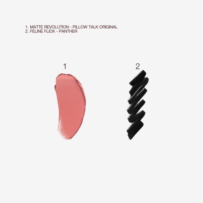 Airbrush Complexion Feline Flick Pillow Talk Kit swatches Swatches of a nude-pink matte lipstick and a jet-black matte eyeliner.