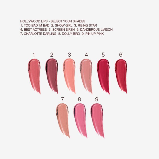 Hollywood lips collection swatches Swatches of nine liquid lipsticks in shades of nude pink, purplish red, nude peach, nude brown-peach, poppy red, peachy red, nude brown. cool-toned pink, and warm pink.