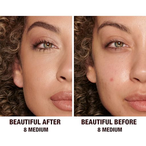 Beautiful Skin concealer in 8 on medium-tone model before and after Before and after of a medium-tone model without any makeup in the before shot and then wearing a radiant, concealer that brightens, covers blemishes, and makes her skin look fresh along with nude lip gloss and subtle eye makeup.