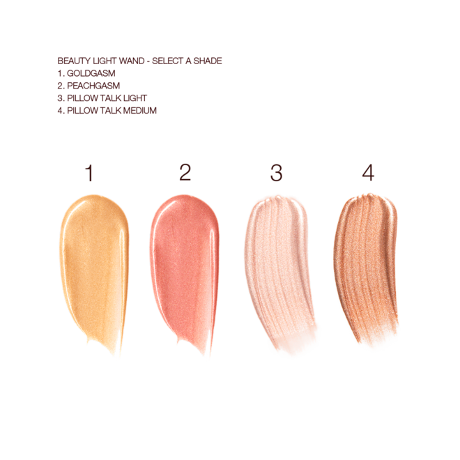 Beauty Light Wand swatches Swatches of four liquid highlighters and liquid highlighter blushes in medium-pink, honey gold, pale pink, and bronze-gold.