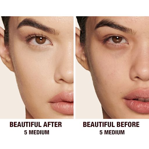 Beautiful Skin concealer in 5 on fair-tone model before and after Before and after of a fair-tone model without any makeup in the before shot and then wearing a radiant, concealer that brightens, covers blemishes, and makes her skin look fresh along with nude lip gloss and subtle eye makeup.