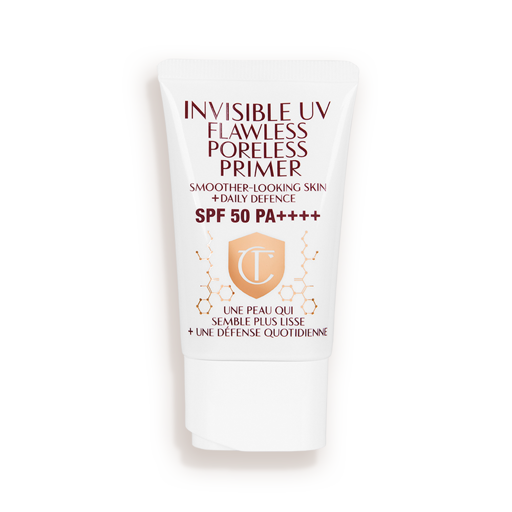 Invisible UV Flawless Poreless Primer closed A primer in a white-coloured tube with a white-coloured lid with text on it that reads, 'invisible UV Flawless poreless primer SPF 50 PA++++'.