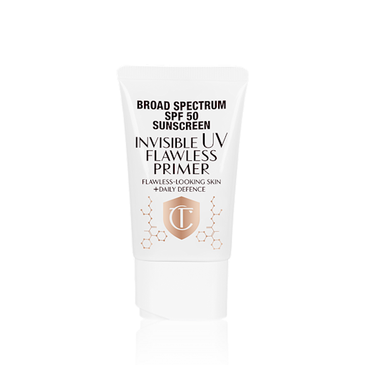 PRIMER US A primer in a white-coloured tube with a white-coloured lid with text on it that reads, 'invisible UV Flawless poreless primer SPF 50 PA++++'.