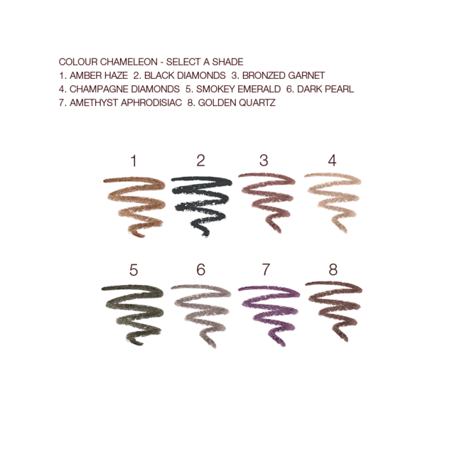 Colour Chameleon swatches Shimmery eyeshadow swatches in golden, brown, purple, green, copper, grey, black, and fawn colours.