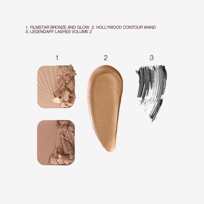 Red Carpet Makeup Kit swatches Swatches of duo contour shades for light to medium skin tone, a medium-brown liquid contour, and black mascara.