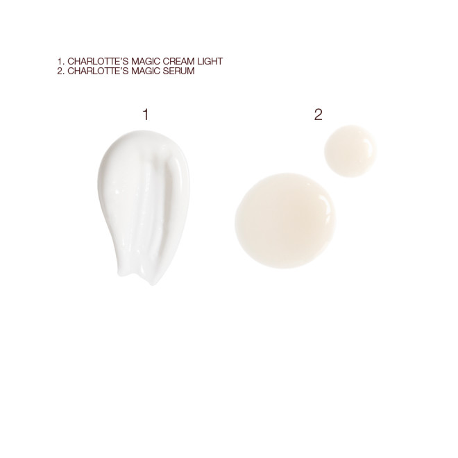Swatches of a thick, pearly-white face cream and an ivory-colour luminous serum. 