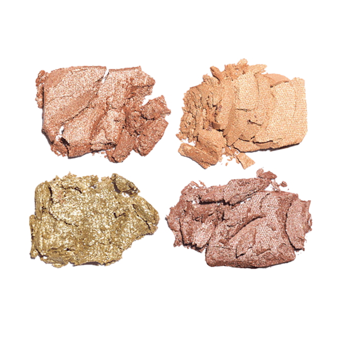 Luxury Palette in Legendary Muse swatches Swatches of a quad eyeshadow palette with four shimmery shades in champagne, soft gold, coppery-gold and soft bronze.