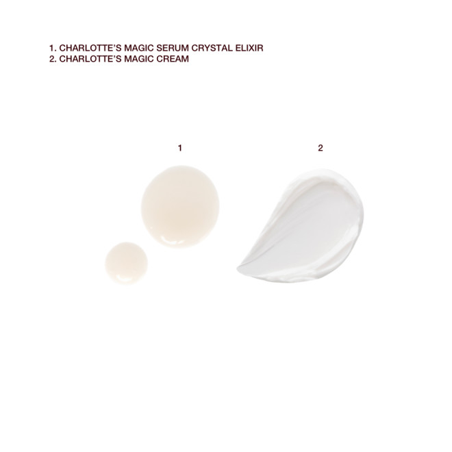 Swatches of a beige-coloured watery facial serum and thick and luscious face cream.