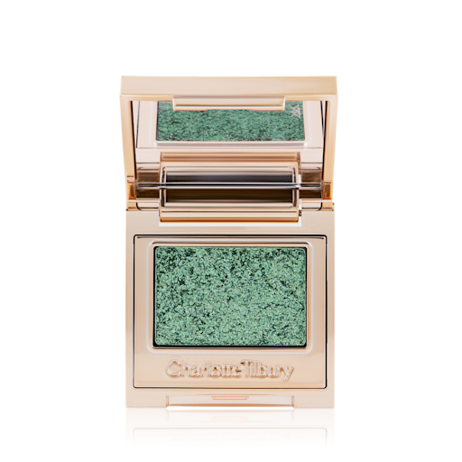 HYPNOTISING POP SHOT - EMERALD Single-pan eyeshadow compact with an iridescent emerald green eyeshadow with very fine shimmer.