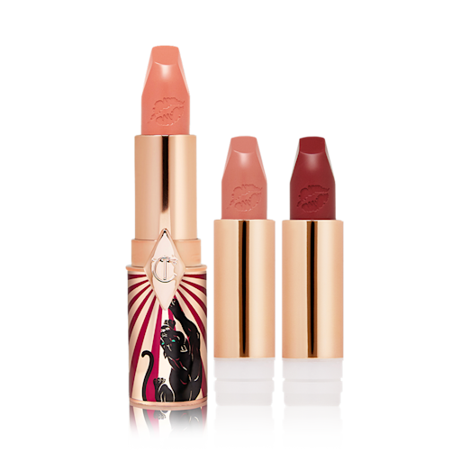 Hot Lips 2 Trio Magic Lip Kit A full-size soft peach satin-finish lipstick in a golden and red tube with a jaguar printed on it with two lipstick refills in nude peach and dark crimson,