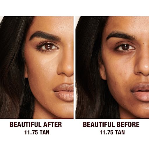 Beautiful Skin concealer in 11.75 on deep-tone model before and after Before and after of a deep-tone model without any makeup in the before shot and then wearing a radiant, concealer that brightens, covers blemishes, and makes her skin look fresh along with nude lip gloss and subtle eye makeup.