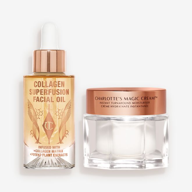 Spa Like radiance Skincare Set closed A light-gold-coloured facial oil in a glass bottle with a gold and white-coloured dropper lid with a white and gold-coloured dropper lid and pearly-white face cream in a glass jar with a gold-coloured lid.