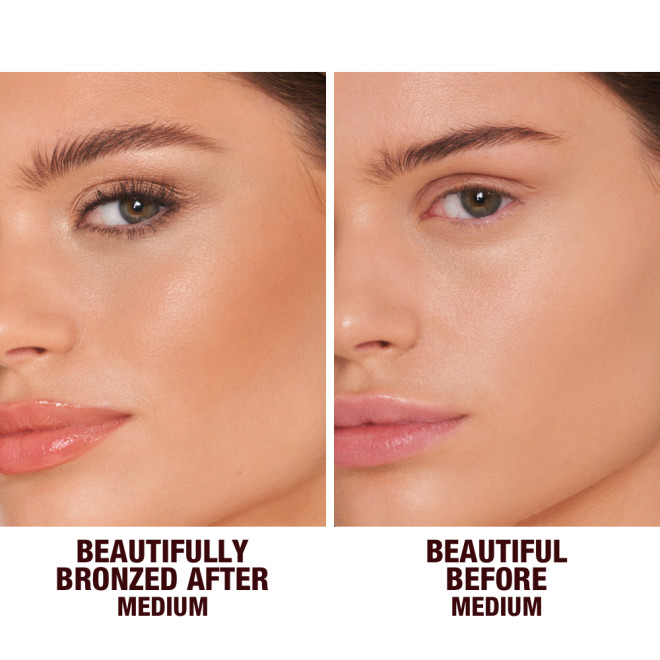 Before and after of a medium-tone brunette model without any makeup on one side and the same model wearing coral lip gloss with glowy, cream bronzed for a sculpted yet natural makeup look.
