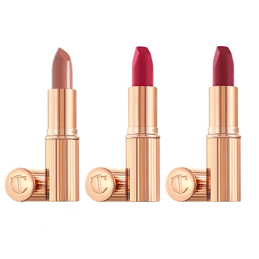 Platinum Jubilee Collection Lipsticks open Banner with three open lipsticks, two with a matte finish in magenta and raspberry pink and a satin finish one in a soft rosy peach shade.
